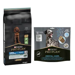 PURINA PRO PLAN: karma sucha dla psa, 12 kg / 14 kg + przysmaki dla psa gratis! - Large Athletic Puppy Sensitive Digestion, jagnięcina, 12 kg + Dental Care dla dużych psów (25-40 kg), 426 g (12 sztuk)