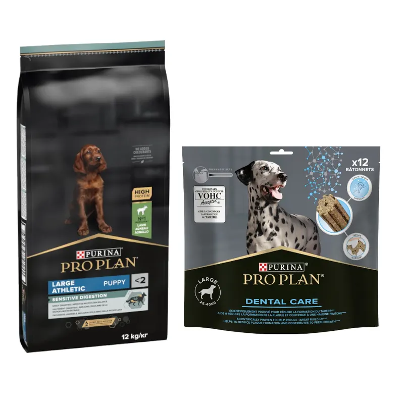 PURINA PRO PLAN: karma sucha dla psa, 12 kg / 14 kg + przysmaki dla psa gratis! - Large Athletic Puppy Sensitive Digestion, jagnięcina, 12 kg + Dental Care dla dużych psów (25-40 kg), 426 g (12 sztuk)