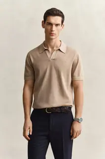 Gant Bawełniany Sweter Męski Z Kołnierzykiem Polo Regular Fit Khaki