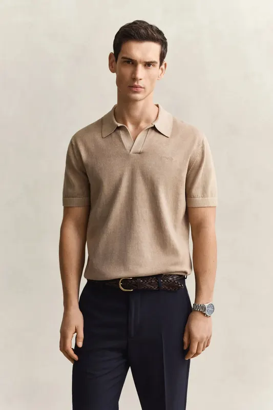 Gant Bawełniany Sweter Męski Z Kołnierzykiem Polo Regular Fit Khaki