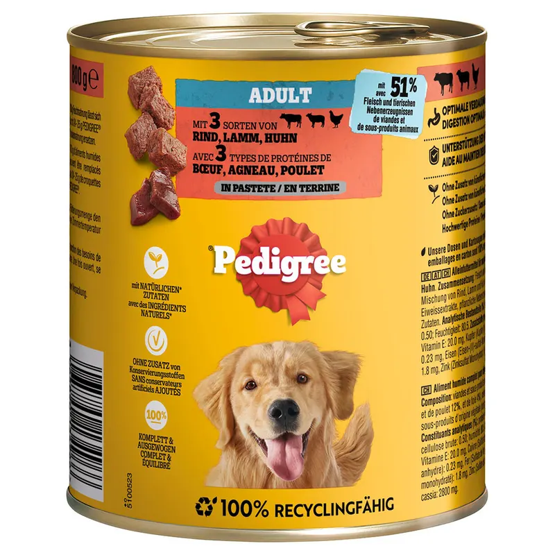 Pedigree Classic, 12 x 800 g - Wołowina, jagnięcina i kurczak w pasztecie