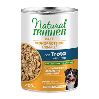 9 + 3 gratis! Natural Trainer, karma mokra, 12 x 400 g / 415 g - Pate Monoproteico Medium & Maxi Adult, pstrag i zboża pełnoziarniste, 12 x 400 g