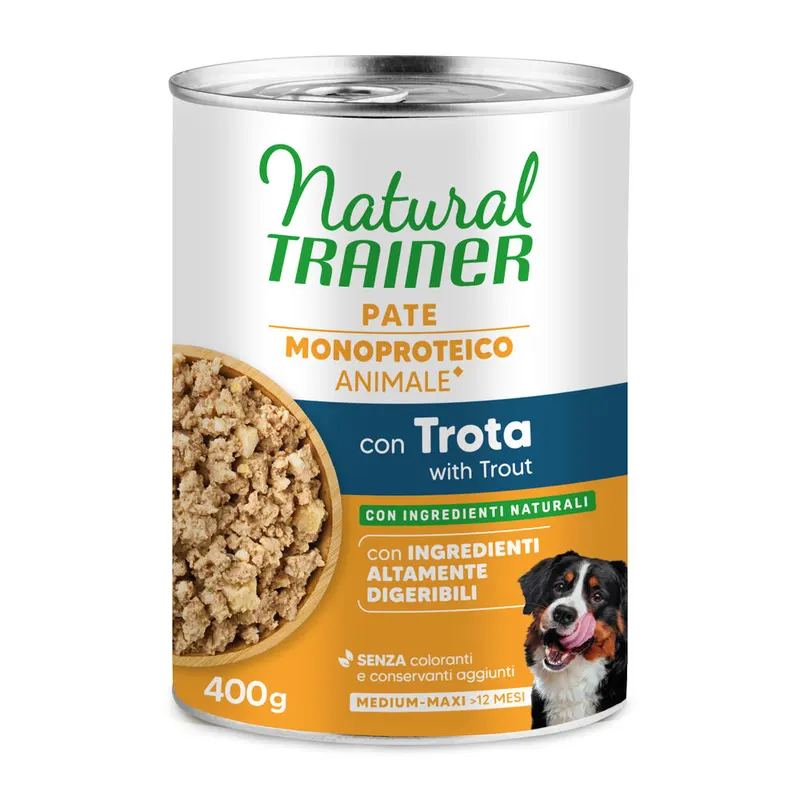 9 + 3 gratis! Natural Trainer, karma mokra, 12 x 400 g / 415 g - Pate Monoproteico Medium & Maxi Adult, pstrag i zboża pełnoziarniste, 12 x 400 g