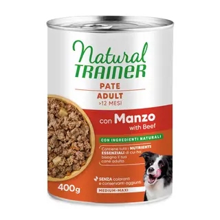 9 + 3 gratis! Natural Trainer, karma mokra, 12 x 400 g / 415 g Pate Medium & Maxi Adult, wołowina, 12 x 400 g