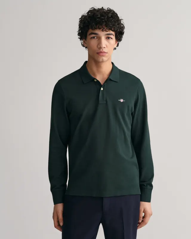Gant Koszulka Polo Męska Z Długim Rękawem Regular Fit Zielona