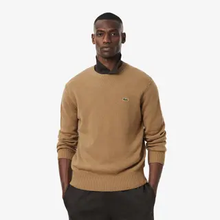 Lacoste Sweter Z Okrągłym Dekoltem Z Wełny Zgrzebnej Męskie Biały