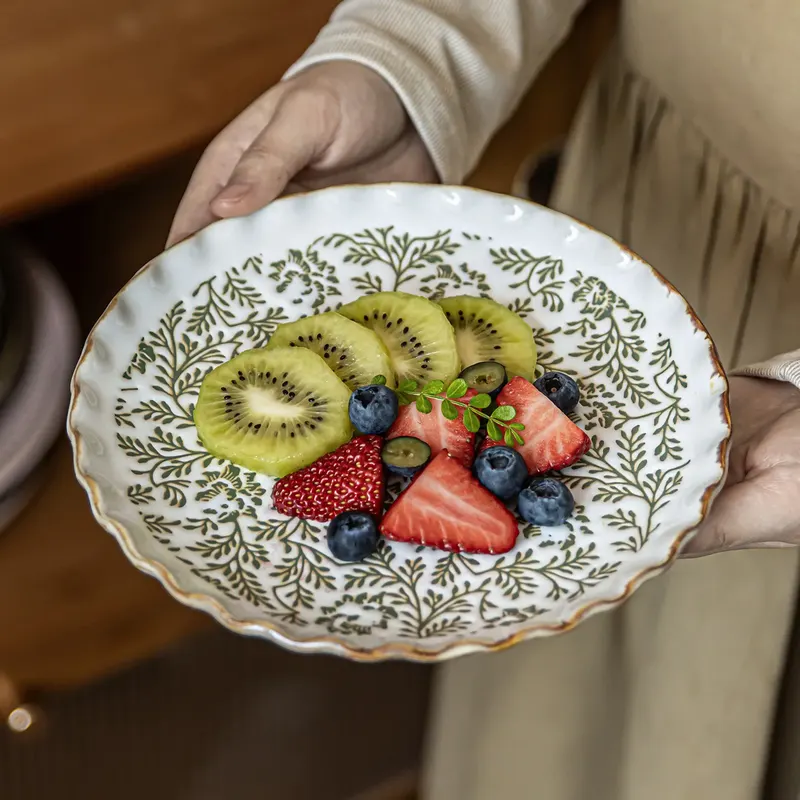 HYS Plate Beautiful Tableware Ceramic Vegetable Plate French Printed Plate Household Plate High Value Fruit Salad Plate