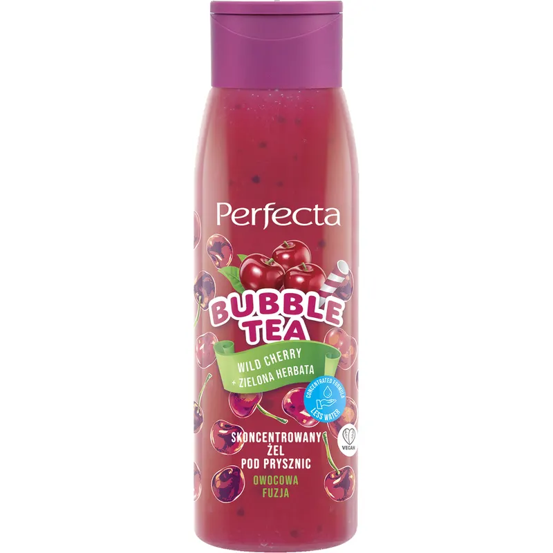 Perfecta Bubble Tea skoncentrowany żel pod prysznic Wild Cherry + Zielona Herbata z hydrożelowymi kulkami, zieloną herbatą i wiśnią 400 ml