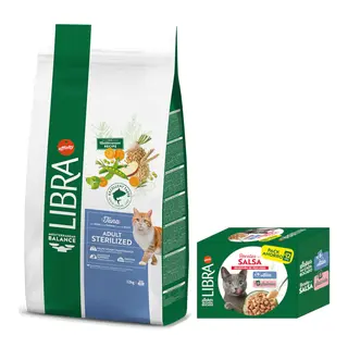 Libra Cat: karma sucha dla kota, 12 kg + karma mokra, 12 x 85 g gratis! - Sterilized, tuńczyk, 12 kg + wybór rybny w sosie, łosoś i tuńczyk, 12 x 85 g