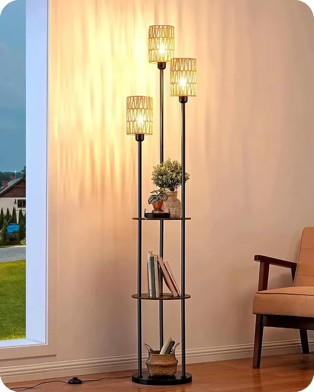 EDISHINE Lampa Podłogowa 178 cm 3x E27 Rattan Boho z 2 Półkami LED
