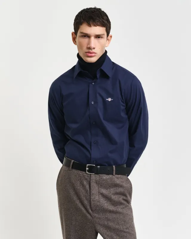 Gant Bawełniana Koszula Męska Z Długim Rękawem Slim Fit Granatowa