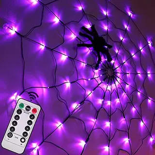 Dekoracje na Halloween: lampki choinkowe w kształcie pajęczyny – średnica 1,2 m, 70 diod LED, 8 trybów (fioletowe)