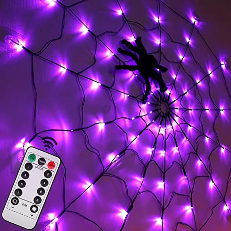 Dekoracje na Halloween: lampki choinkowe w kształcie pajęczyny – średnica 1,2 m, 70 diod LED, 8 trybów (fioletowe)