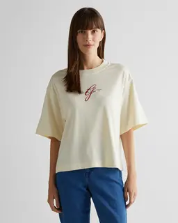 Gant T-Shirt Damski Z Nadrukiem Okrągły Kołnierzyk Relaxed Fit Kremowy