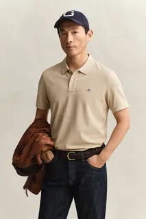 Gant Bawełniane Polo Męskie Z Krótkim Rękawem Regular Fit Beżowe