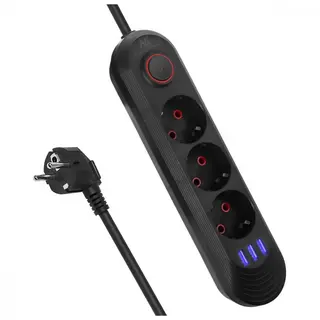Maclean Listwa zasilająca MCE394 B, 1,5m|3 gniazda + 3xUSB. 110-240V AC 50/60Hz, 2.1A max 2500W, czarna