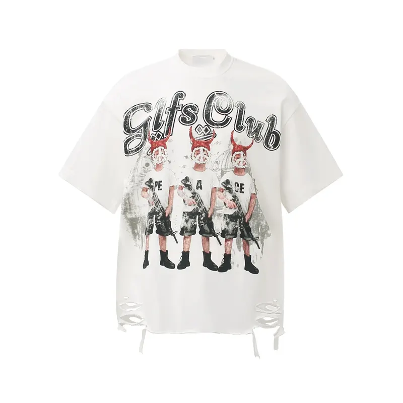 Vintage Graphic Print T Shirt Mens Streetwear Hip Hop Ripped Hole Casual Tees Tops Men Oversized Harajuku Short Sleeve T-Shirt