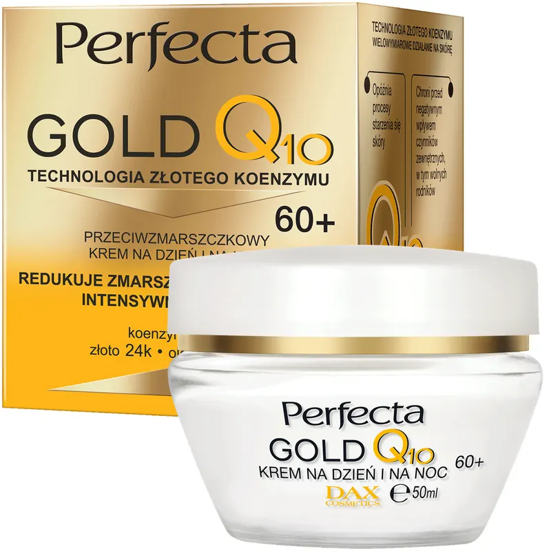 Perfecta Gold Q10 przeciwzmarszczkowy krem do twarzy 60+ na dzień i noc z koenzymem Q10, 24K Gold, olejem macadamia, betainą i masłem shea 50 ml