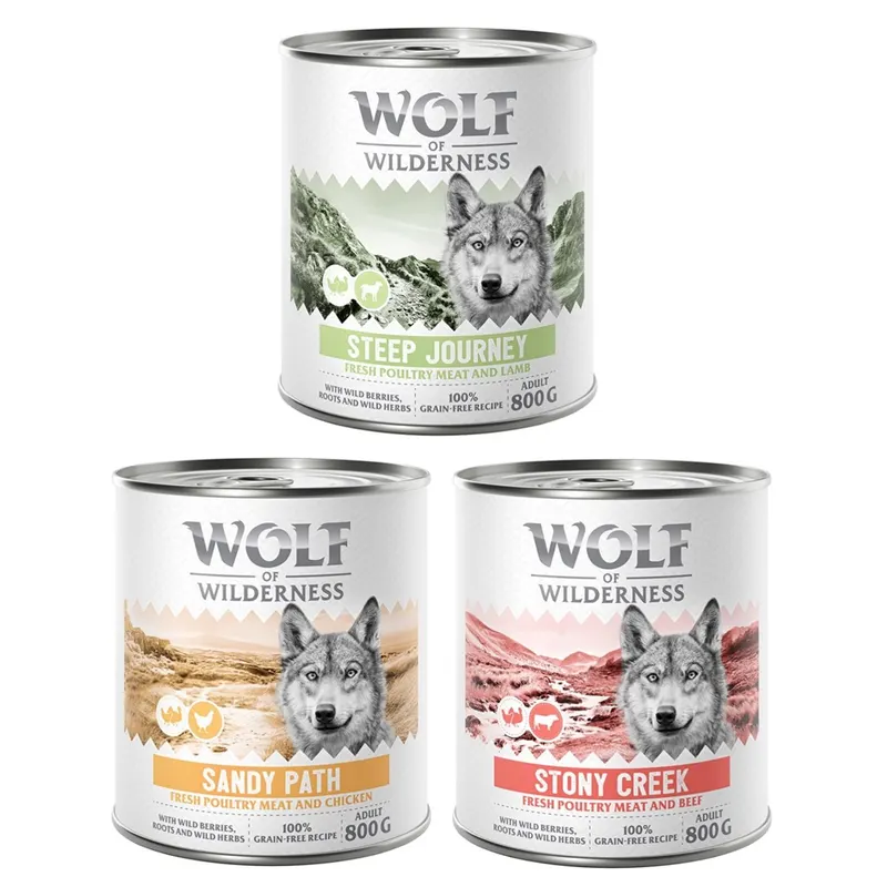 Wolf of Wilderness Adult “Expedition”, 6 x 800 g - Pakiet mieszany: Stony Creek, Sandy Path, Steep Journey