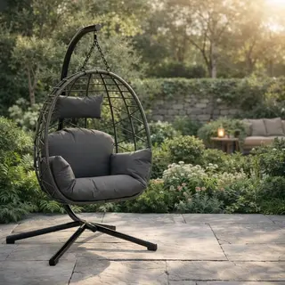 NUVÉRA – Wiszący Fotel Ogrodowy Kokon (Egg Chair) | Rattanowy Fotel do Ogrodu i Tarasu | Szary / Beżowy