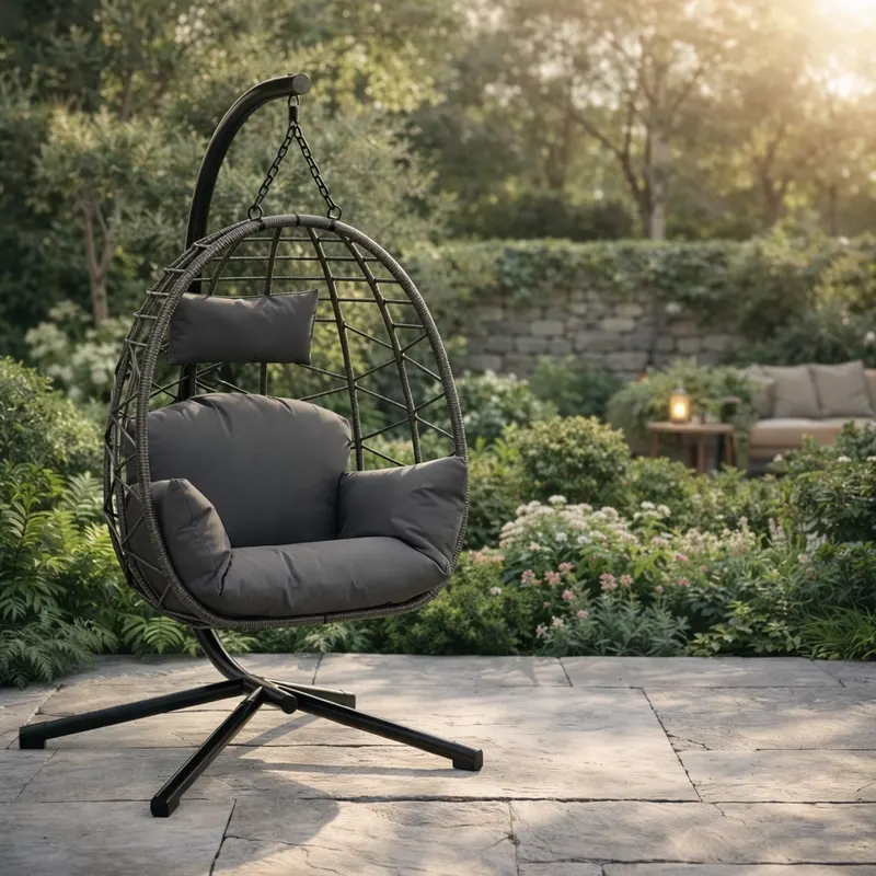 NUVÉRA – Wiszący Fotel Ogrodowy Kokon (Egg Chair) | Rattanowy Fotel do Ogrodu i Tarasu | Szary / Beżowy