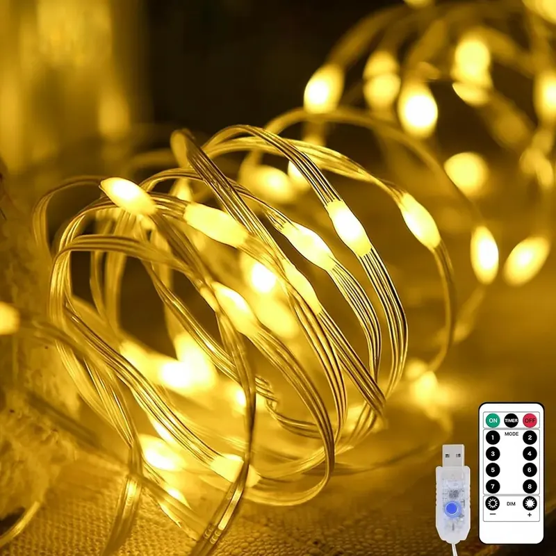 ŁAŃCUCH ŚWIETLNY LED 10M 100 DIOD CIEPŁA BIEL PILOT ZDALNY 8 TRYBÓW