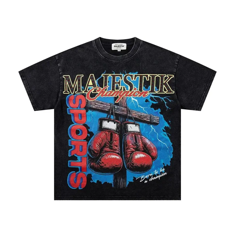 MAJESTIK Street Retro Boxing Gloves with Beaded Print Short-Sleeved T-Shirt - Men's and Women's Loose-Fitting Casual Top
