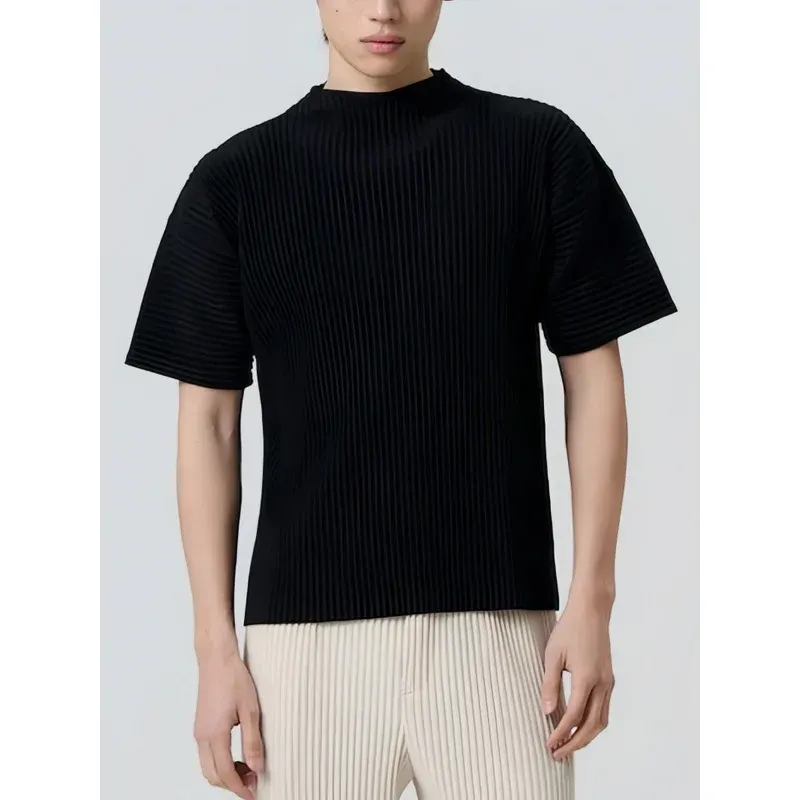 Miyake Pleated Men T Shirt Turtleneck Short Sleeve Top Split Hem Japanese Style Casual Loose Fit Minimalist Streetwear Fashion