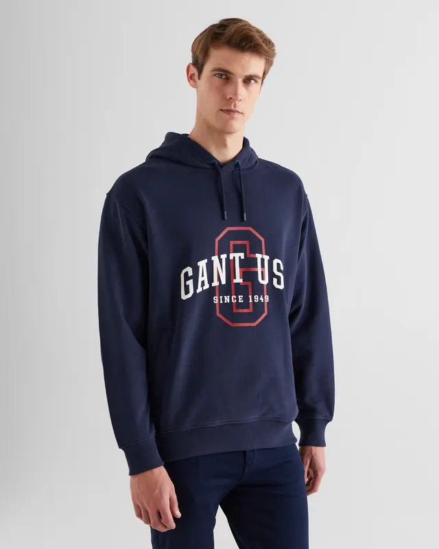 Gant Bawełniana Bluza Męska Z Kapturem Z Nadrukiem Relaxed Fit Granatowa