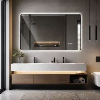Lustro łazienkowe LED w kształcie zaokrąglonego prostokąta 60 × 100 cm z czarną ramą aluminiową, podświetlane z tyłu, 3 kolory światła, regulacja ja..